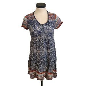 Knox Rose Boho Mini Dress Size S Blue Floral Short Sleeve